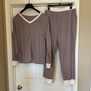 FashionNow Brown & White Striped V-Neck Tee and pants - lounge set